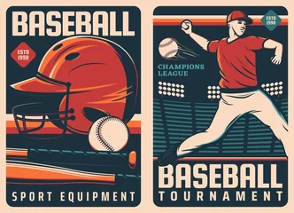 Poster Baseball sport retro posters with vector balls and bats, pitcher player on base of diamond field and batter player uniform helmet. Baseball sport equipment and tournament match flyer © Vector Tradition