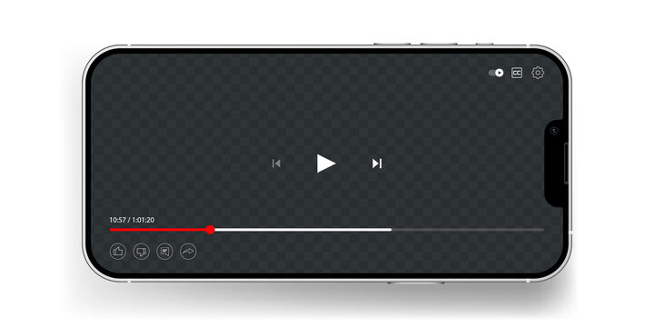 Youtube video player on smartphone screen. Mobile version of the YouTube app for phone. Vector mockup.