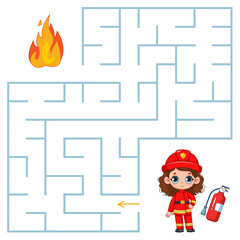 A cute firefighter girl and a fire extinguisher are going to put out the fire and are looking for a way out of the maze. Find a way out of the maze. Educational game for children. Cartoon vector.