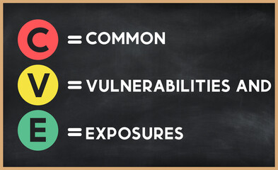 Common vulnerabilities and exposures - CVE  acronym written on chalkboard, business acronyms.