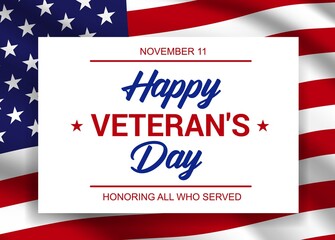 Happy veteran day banner, holiday greeting card template. Military service, USA army soldiers and war conflicts veterans honoring holiday poster with typography, national flag stars and stripes vector