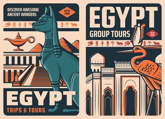 Egypt retro travel posters. Touristic trip, tours to ancient culture landmarks retro banners with Valley of the Kings necropolis, pyramids of Giza and mosque, cat, Bennu god heron bird in Atef crown
