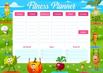 Weekly fitness planner schedule with cartoon vegetables, vector agenda calendar for gym. Fitness planner for workout, diet and sport exercises with goals, motivation and to-do list notes on timetable