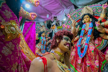 Kolkata, West Bengal, India - 7th October 2018 : Clay idol of Goddess Durga, under preparation for...