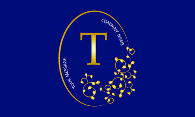 Obraz premium Exquisite gold monogram, logo, invitation, greeting card, business sign or any desired idea on a dark background with the letter T in the center.