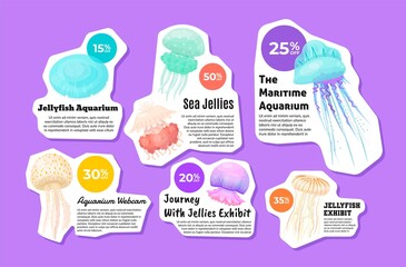 Jellyfish aquarium exhibit advertising promo sticker set place for text vector flat illustration