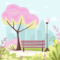 Spring city park with city silhouette. Blossom tree and bush, flower, bench and lantern in city park, holidays concept. Urban outdoor. Vector illustration in flat style