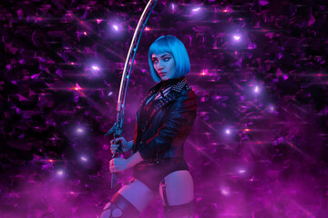 Sexy cyberpunk woman with sword posing against violet background