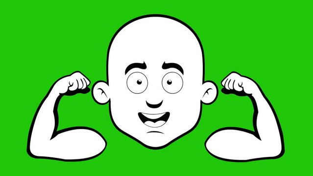 Loop animation of the face of a cartoon bald man flexing his arms and contracting his biceps, drawn in black and white. On a green chroma key background