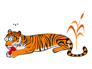 Cute cartoon tiger chewing fresh raw steak