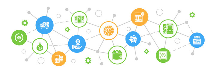 Money and Banking concept web icons banner. Credit Card, Currency Exchange, Atm, Terminal flat illustration.