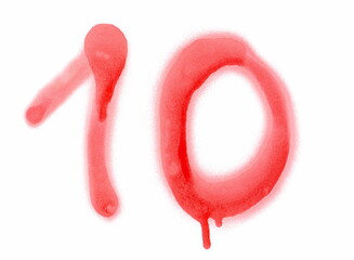 Red spray stain number ten 10 isolated on white background, photo with clipping path