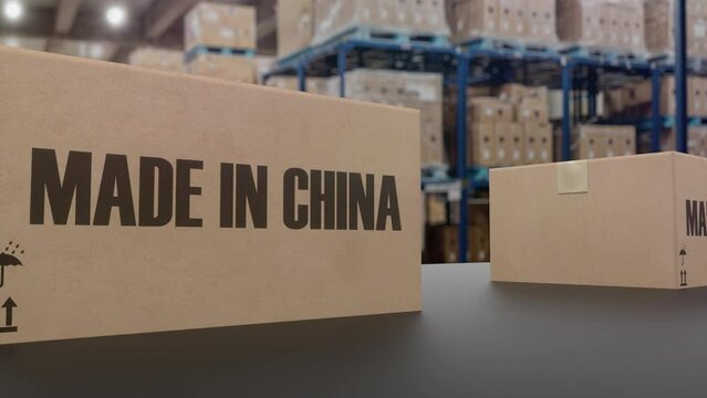 Boxes with MADE IN CHINA text on conveyor. Chinese goods related loopable 3D animation