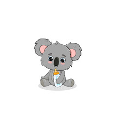 Cute cartoon koala baby on blue background.Koala cub with milk bottle.