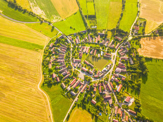 Aerial view of beautiful village in summer countryside. Old village Lipnice in Brdy, Czech...