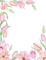 Obraz na płótnie Canvas Watercolor pink tulip wreath. Spting floral frame isolated on white background.