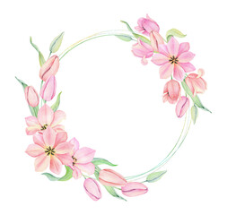 Fototapeta na wymiar Watercolor pink tulip wreath. Spting floral frame isolated on white background.