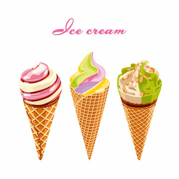 Ice cream. Realistic set of isolated images of ice cream with various fillings vector illustration. Decor for clothes, a picture for a card on a white background.