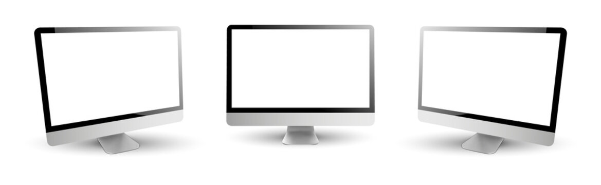 Three Computer Monitors with blank white screen. Vector illustration mockup.