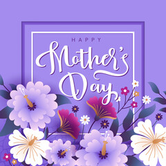 Happy Mothers day greeting card with white and light purple flowers.