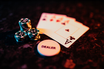 Red dices and cards on table. Casino concept