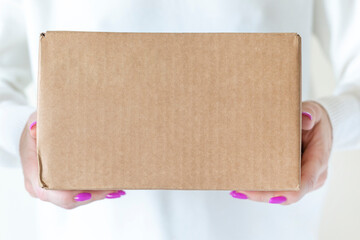 Mockup-friendly cardboard box in woman hands with space for your text. Delivery of goods in a box.