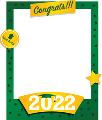 Vector of 2022 graduate photo frame in green and yellow color with mask and cap. Congratulatory photoboth and selfie concept at the end of high school or university