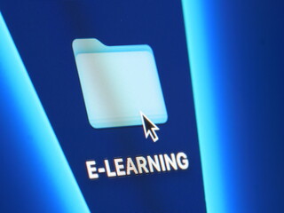 E-learning - macro shot of folder on computer desktop with mouse pointer - zooming in on screen pixels