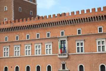 Obraz premium Palace Venezia Facade facing Piazza Venice and the Windows where the Duce Benito Mussolini made the speech with the Italian people
