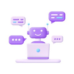 3D Chatbot and laptop isolated on white background. AI assistant support and FAQ concept. Cute robot. Can be used for many purposes.