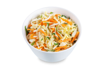 Cabbage carrot salad in a bowl on a white isolated background