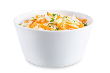 Cabbage carrot salad in a bowl on a white isolated background