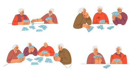 Older people play cards. Leisure and entertainment. Vector characters in flat style