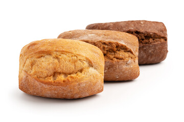 Freshly baked buns of different sorts wheat and rye isolated on white with shadow