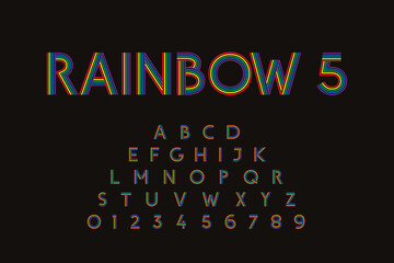 Rainbow 5 Hand Crafted Sans Serif Style Font Lettering - Five Colors Stripes Retro Pop Style Grotesque Caps and Numerals on Black Background - Typography Graphic Design