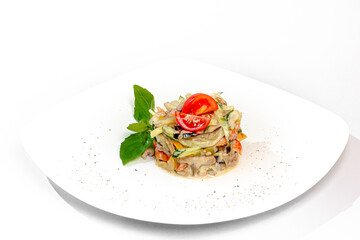 Chicken or meat salad with mushrooms and vegetables in yogurt sauce