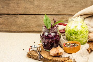 A mix of fermented cabbage. Healthy probiotic food, ready to eat. Traditional cuisine, spices