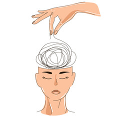 Psychotherapy concept,head of a patient with confused thoughts and problems and disorders and the hand of a specialist helping to treat and unwind the tangle of problems.Mental Health Day.Vector 