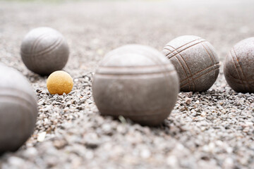 Close up metal balls on court petanque french outdoor game 