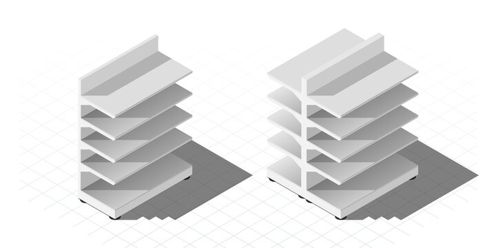 Isometric empty store shelves isolated on white background. Set of retail shelves vector illustration.