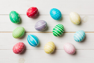 holiday preparation Multi colors Easter eggs on colored background . Pastel color Easter eggs. holiday concept with copy space