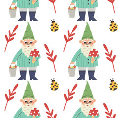 Cute gnome and mushroom pattern. Character doodle hand drawn flat cartoon background nursery vector digital paper textile fabric wallpaper