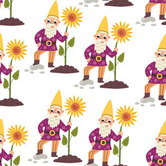 Cute gnome with sunflowers pattern. Forest dwarf elf doodle hand drawn flat cartoon background nursery vector digital paper textile fabric wallpaper