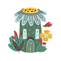 Obraz premium Forest Home Chamomile Flower vector gnome houses. Fairy elf dwarf magic village. Flower building doodle hand drawn naive art isolated element