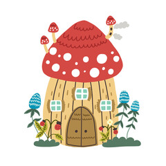 Forest house mushroom fly agaric vector gnome. Fairy elf dwarf magic village. Fantasy building doodle hand drawn naive art isolated element