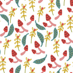 Pattern of grebes leaves mushrooms. Nature doodle hand drawn flat cartoon background nursery vector digital paper textile fabric wallpaper