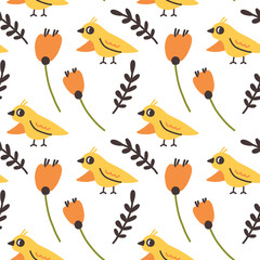 Pattern wildflowers yellow bird. Nature doodle hand drawn flat cartoon background nursery vector digital paper textile fabric wallpaper