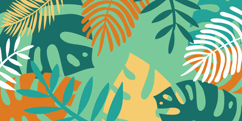 Fototapeta na wymiar Tropical background, monstera palm leaf leaflet. Composition of tropical leaves