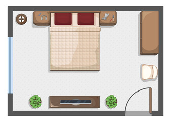 Bedroom architectural plan. Top (above) view. Apartment vector design. Standard size furniture elements. Sofa, bed, chair, lamp, nightstand, cupboard, TV set.