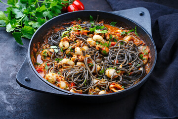 Traditional Italian spaghetti al nero di seppia with baby squid ink in tomato sauce served as...